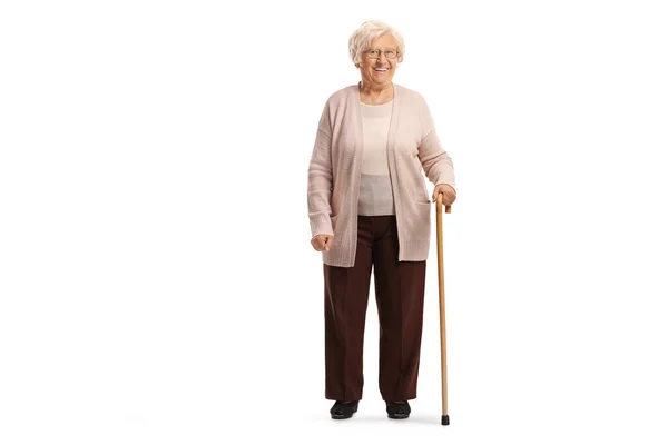 Full Length Portrait Grandmother Cane Isolated White Background — Stock Photo, Image