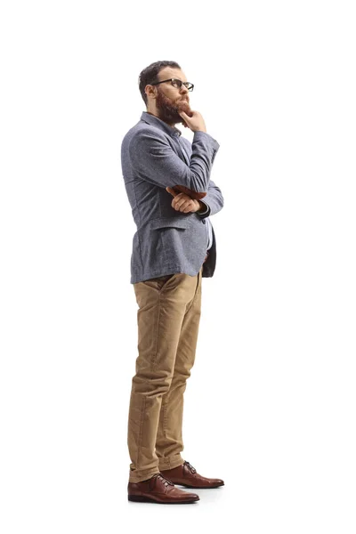 Full Lenght Shot Bearded Man Thinking Holding His Chin Isolated — Stock Photo, Image