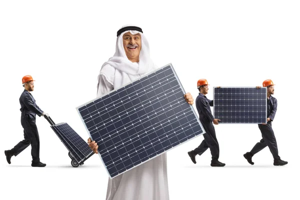 Arab Man Holding Photovoltaic Panel Workers Carrying Panels Back Isolated — Stock Photo, Image