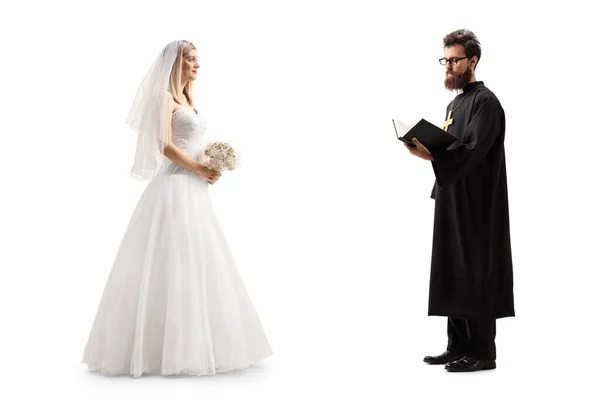 Full Length Profile Shot Bride Standing Priest Holding Bible Isolated — Stock Photo, Image