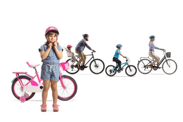 Mother Father Children Riding Bicycles Little Girl Putting Helmet Isolated — Stock Photo, Image