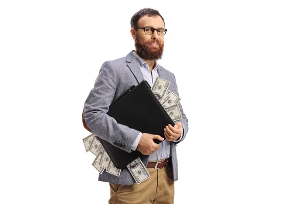 Vousatý Muž Drží Kufřík Plný Peněz Izolovaných Bílém Pozadí — Stock fotografie