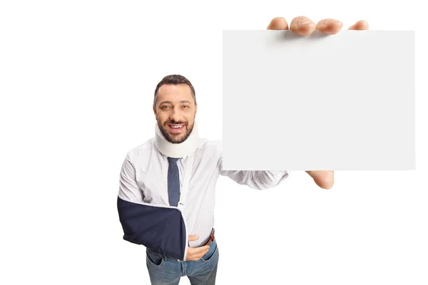 Young Injured Man Cervical Collar Arm Sling Showing Blank Card — Stock Photo, Image