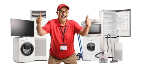 Excited Mature Salesman Gesturing Thumbs Front Electrical Appliances Isolated White — Stock Photo, Image