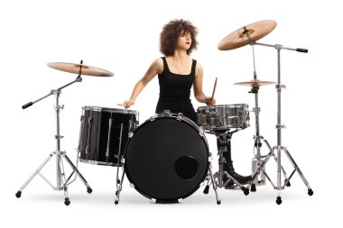 Female drummer performing isolated on white background clipart