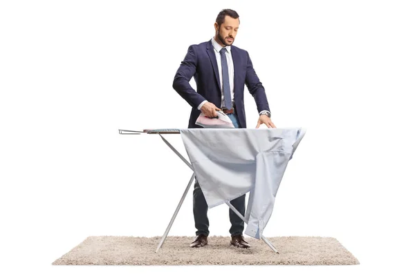 Businessman Ironing Shirt Isolated White Background — Stock Photo, Image