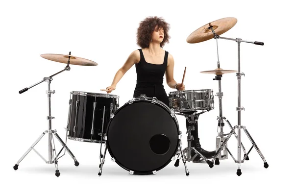 Female Drummer Performing Isolated White Background — Stock Photo, Image