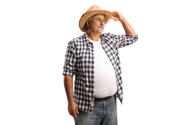 白い背景に隔離された距離を見てわら帽子を持つ成熟した農家 — ストック写真