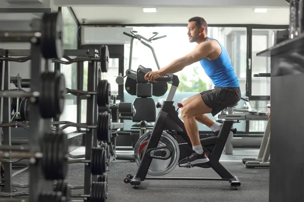 Full Length Profile Shot Man Exercising Cardio Training Gym Stationary — Stock Photo, Image