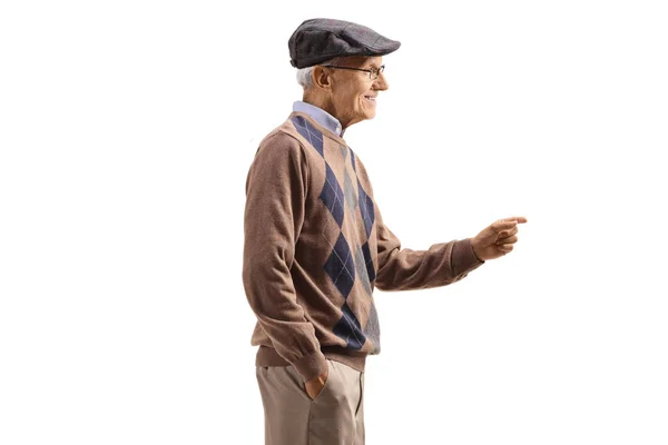 Profile Shot Elderly Gentleman Gesturing Hand Smiling Isolated White Background — Stock Photo, Image