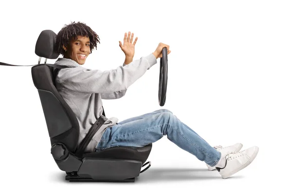 African American Young Man Driver Seat Holding Steering Waving Isolated — Stock Photo, Image