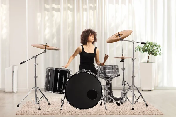 Young Female Musician Practicing Drums Home — Stock Photo, Image