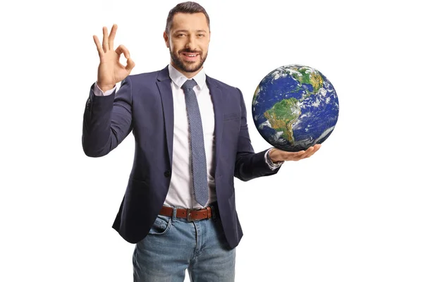 Young Man Holding Planet Earth His Hand Gesturing Good Isolated — Stock Photo, Image