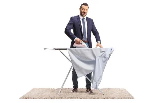 Businessman Ironing Shirt Smiling Isolated White Background — Stock Photo, Image