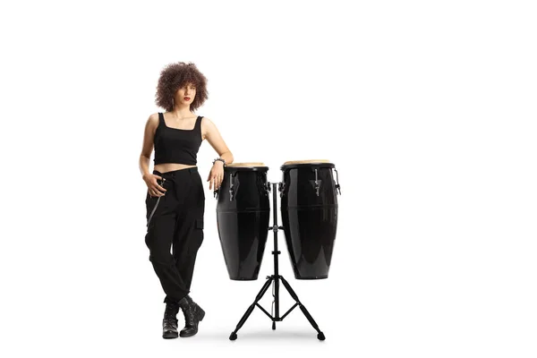 Full Length Portrait Young Female Leaning Conga Drums Isolated White — Stock Photo, Image