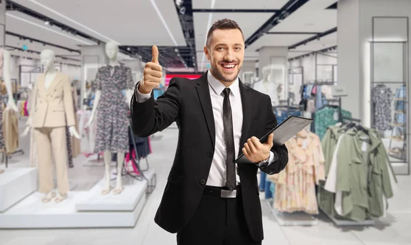 Businessman Clipboard Documents Showing Thumbs Clothing Store — Stock Photo, Image