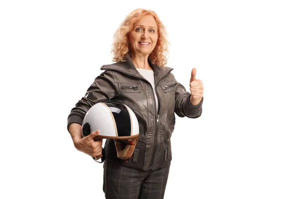 Mature Woman Leather Jacket Holding Motorbike Helmet Gesturing Thumbs Isolated — Stock Photo, Image