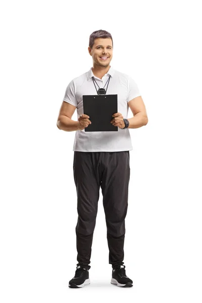 Full Length Portrait Sports Coach Holding Clipboard Smiling Isolated White — Stock Photo, Image