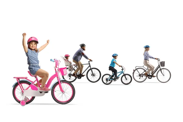 Family riding bicycles and a girl gesturing happiness on her bicycle isolated on white background