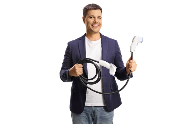 Smiling Man Holding Cable Electrical Vehicle Charging Isolated White Background — Stock Photo, Image