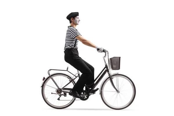Полнометражный Снимок Мима Велосипеде Белом Фоне — стоковое фото
