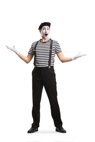 Full Length Portrait Mime Gesturing Welcome Isolated White Background — Stock Photo, Image