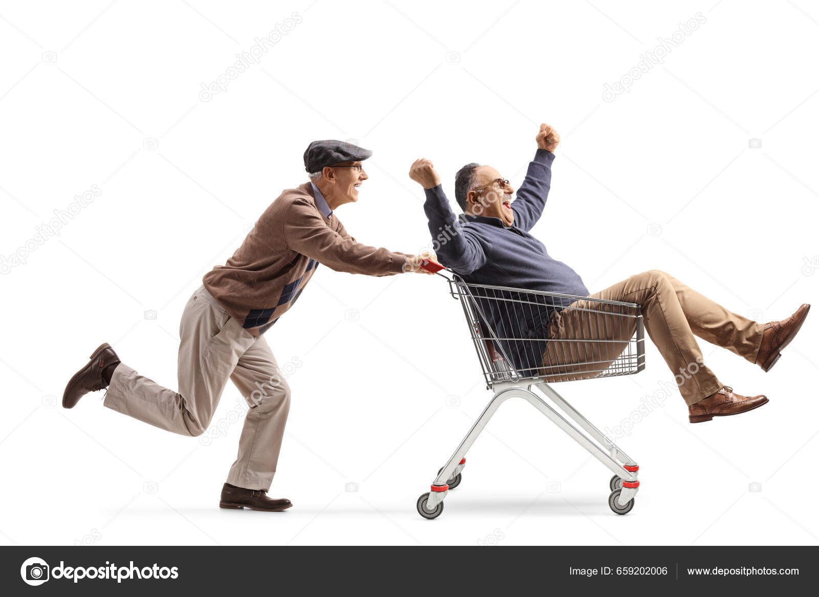 Hombre Mayor Empujando Amigo Dentro Carrito Compras Aislado Sobre Fondo —  Foto de stock #659202006 © ljsphotography, image size:1600x1167