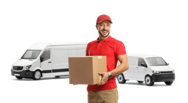 Male Courier Transport Vans Holding Cardboard Box Isolated White Background — Stock Photo, Image