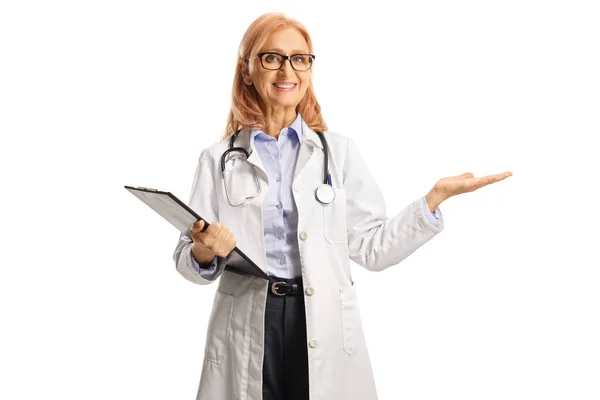 Female Doctor Smiling Holding Something Hand Isolated White Background — Stock Photo, Image