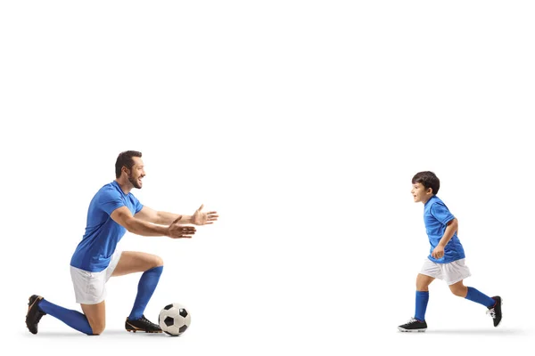 Kid Running Hug Football Player Isolated White Backgroun — Stock Photo, Image