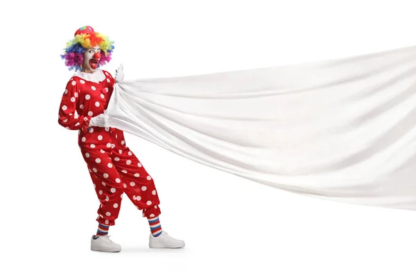 Clown Pulling Big White Cloth Isolated White Background — Stock Photo, Image