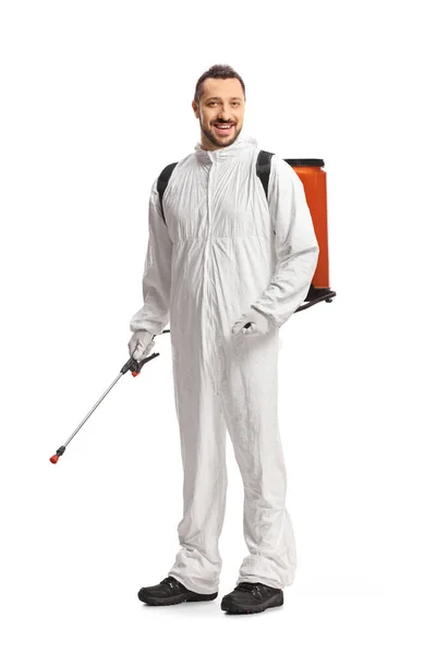 Full Length Shot Pest Control Worker White Suit Holding Sprayer — Stock Photo, Image