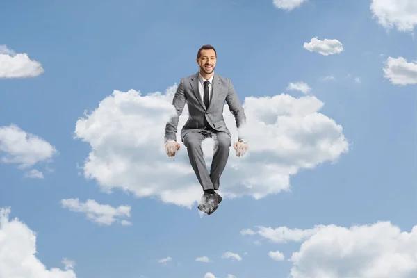Full Length Portrait Businessman Grey Suit Sitting Cloud Smiling — Stock Photo, Image