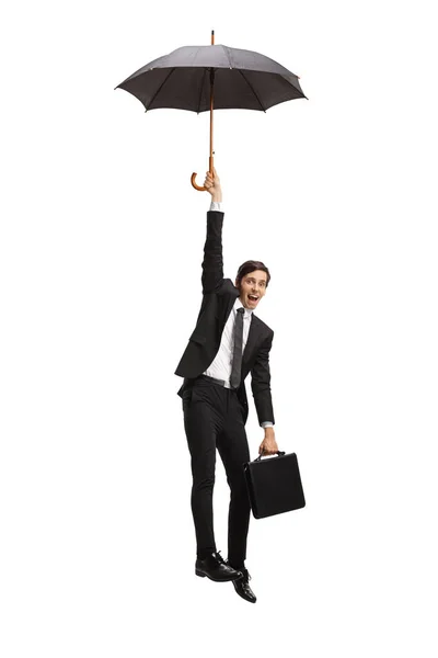 Affärsman Hängande Och Hålla Ett Paraply Isolerad Vit Bakgrund — Stockfoto
