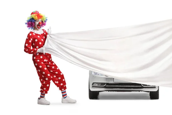小丑在一辆白色底座隔离开的新车前拖着一大块白色的布 — 图库照片