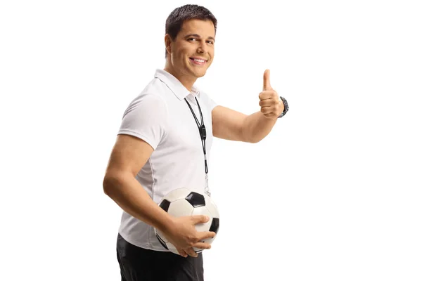 Football Coach Holding Ball Gesturing Thumbs Isolated White Backgroun — Stock Photo, Image