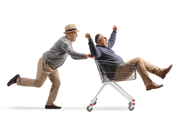 Senior Man Riding Man Shopping Cart Isolated White Background — Stock Photo, Image