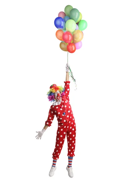 Klaun Létání Držení Banda Balónů Izolovaných Bílém Pozadí — Stock fotografie