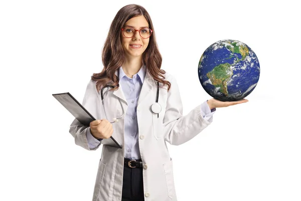 Young Female Doctor Smiling Holding Planet Earth Isolated White Background — Stock Photo, Image