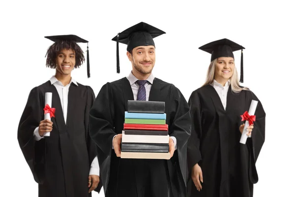 Felizes Estudantes Pós Graduação Detentores Certificados Livros Isolados Fundo Branco — Fotografia de Stock