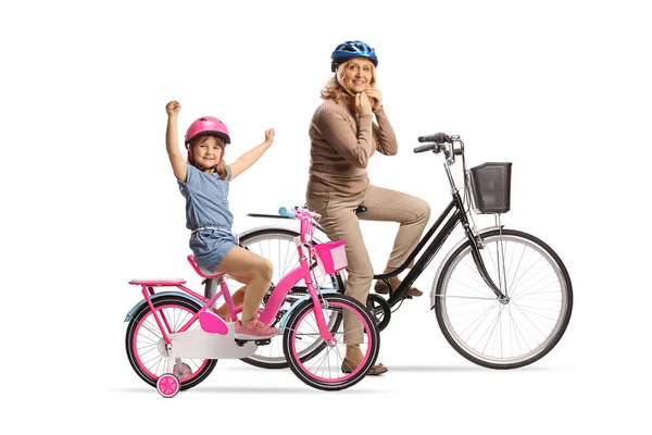 Mother Daughter Bicycles Putting Helmets Isolated White Background — Stock Photo, Image