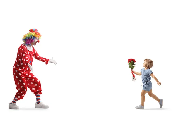 Full Length Shot Little Girl Carrying Flowers Running Hug Clown — Stock Photo, Image