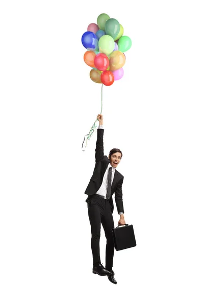 Affärsman Som Håller Ballonger Och Flyger Upp Isolerad Vit Bakgrund — Stockfoto