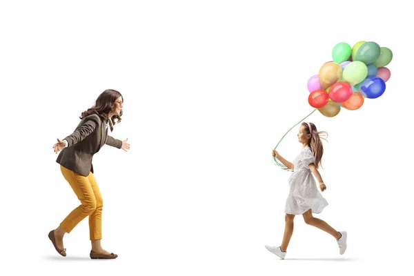 Girl Balloons Running Hug Young Woman Isolated White Background — Stock Photo, Image