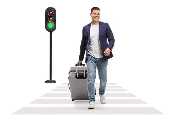 Full Length Portrait Man Smiling Walking Suitcase Pedestrian Crossing Isolated — Stock Photo, Image