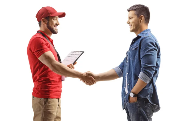 Profile Shot Delivery Man Shaking Hands Man Isolated White Background — Stock Photo, Image