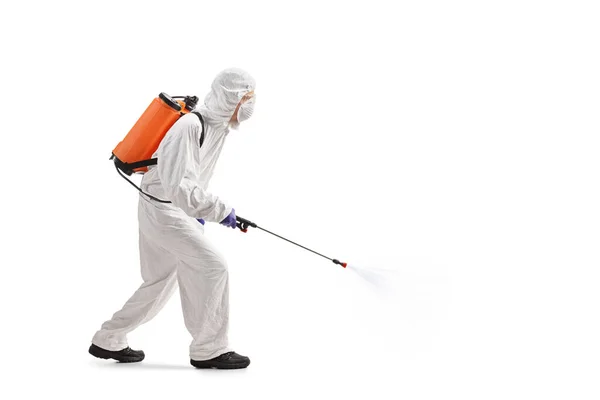 Full Length Profile Shot Man Hazmat Suit Applying Pesticide Isolated — Stock Photo, Image