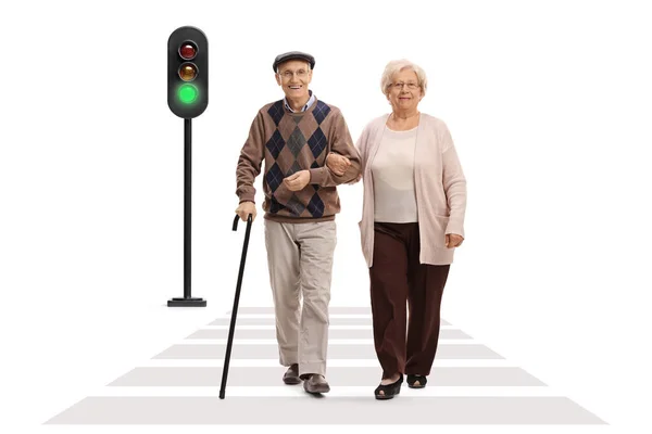 Retrato Completo Anciano Una Anciana Caminando Paso Peatonal Aislados Sobre — Foto de Stock