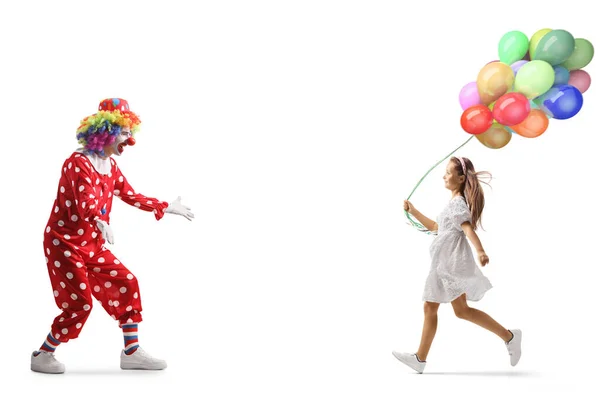Girl Holding Balloons Running Clown Isolated White Background — Stock Photo, Image