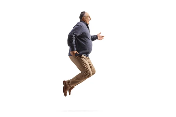 Perfil Longitud Completa Hombre Maduro Corpulento Saltando Aislado Sobre Fondo — Foto de Stock